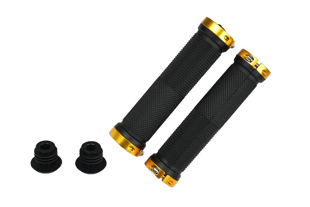 Грипсы MTB ST-13, 135мм, с 2 грипстопами, под шестигранник, черно-золотые Грипсы MTB ST-13, 135мм, с 2 грипстопами, под шестигранник, черно-золотые